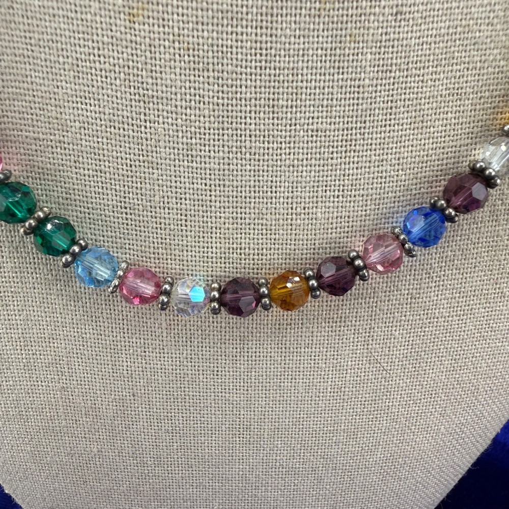 Vintage Signed Beaded Necklace Multicolor Sterling Silver Cherub Charm ‎ 27" - Picture 3 of 9